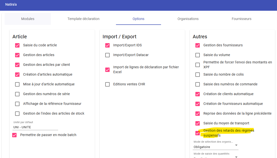 Paramétrage des régimes suspensifs