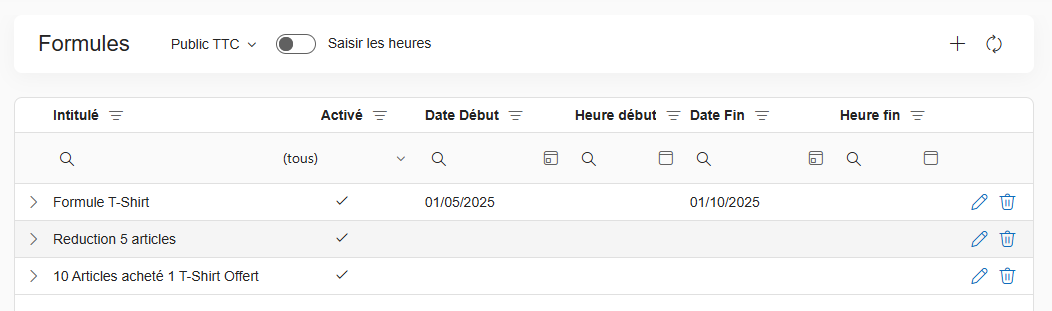 Configuration des formules